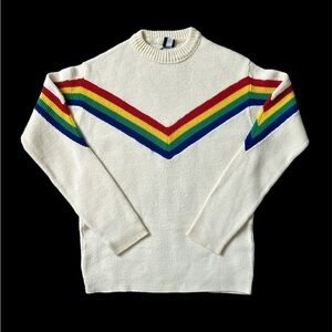 Vintage 70s SEARS Sports Center Acrylic RAINBOW Striped Cream Ski Sweater Large